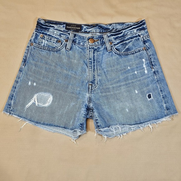 J Crew High Rise Broken-In Boyfriend Shorts Meadow Wash Denim Distressed Size 27 - Picture 1 of 11